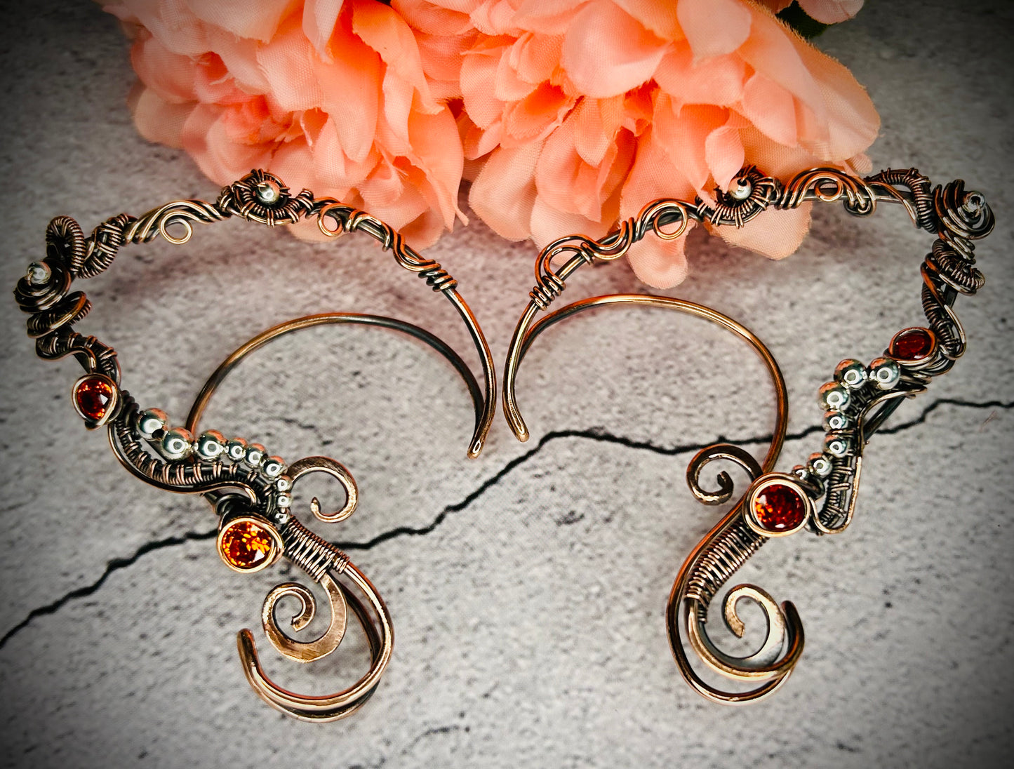 Copper Emerald Elven Ear Cuffs