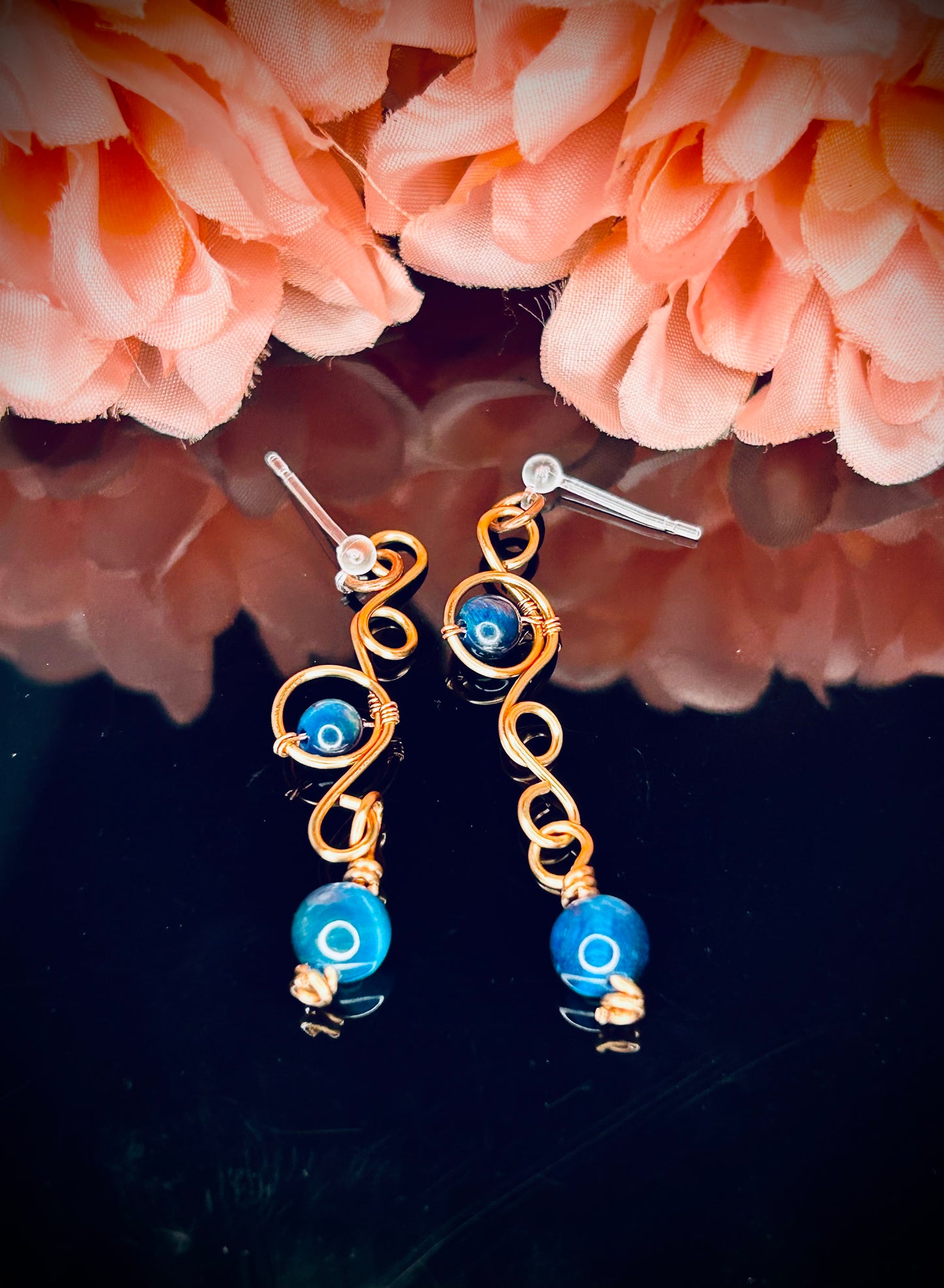 Copper Aquamarine Tiger’s Eye Swirl Post Earrings
