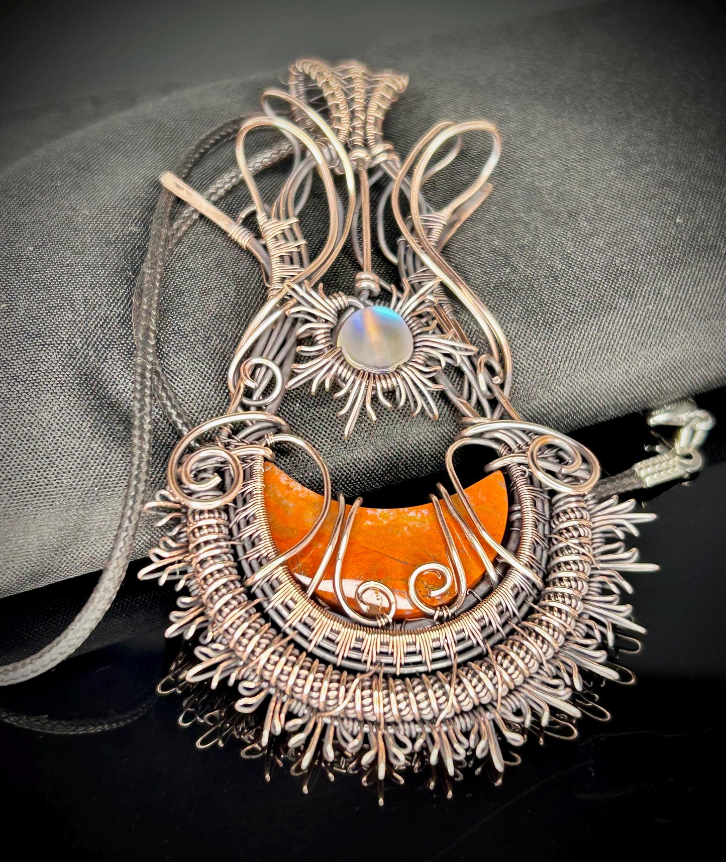 Copper Petrified Wood Moon and Sunburst Pendant
