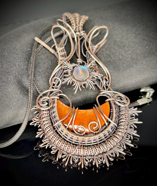 Copper Petrified Wood Moon and Sunburst Pendant