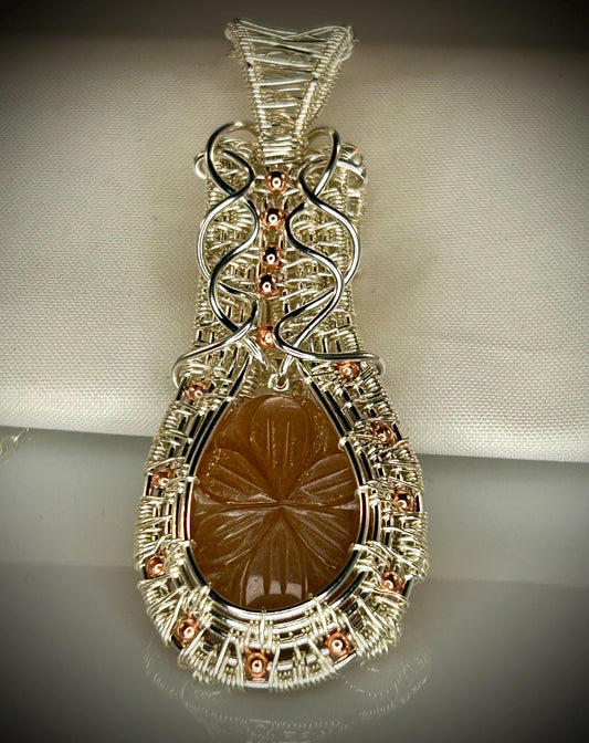 Silver Beaded Weave Carved Sunstone Pendant