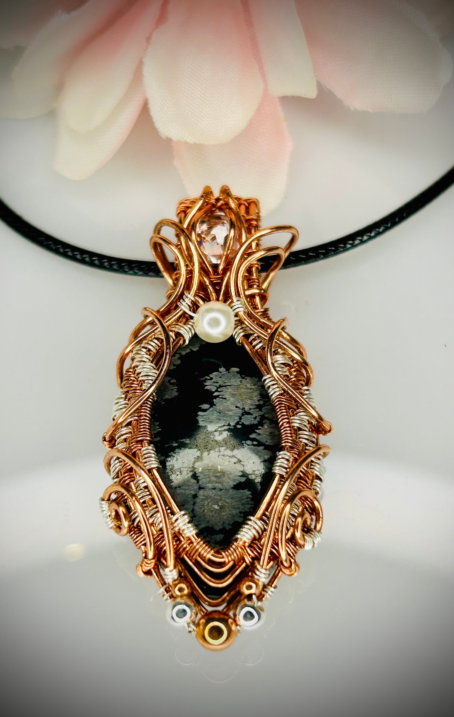 Copper/Silver Snowflake Obsidian Pendant