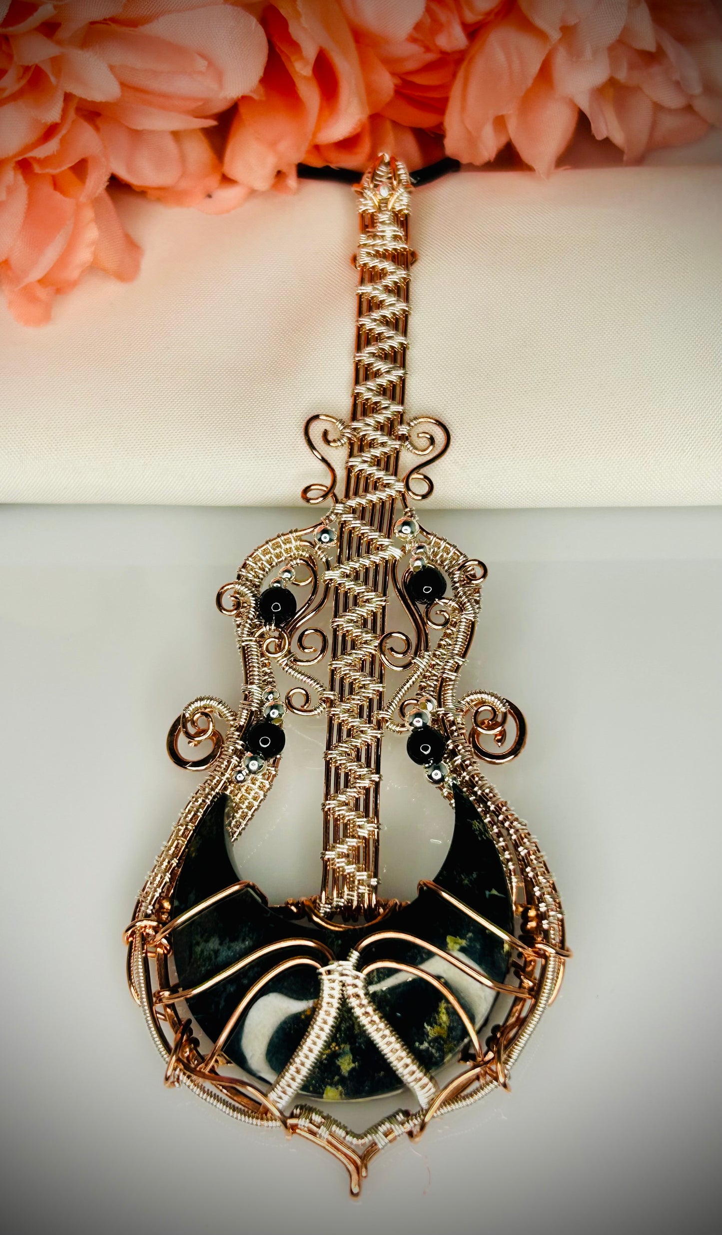 Copper/Silver Peacock Feather Agate Guitar Pendant