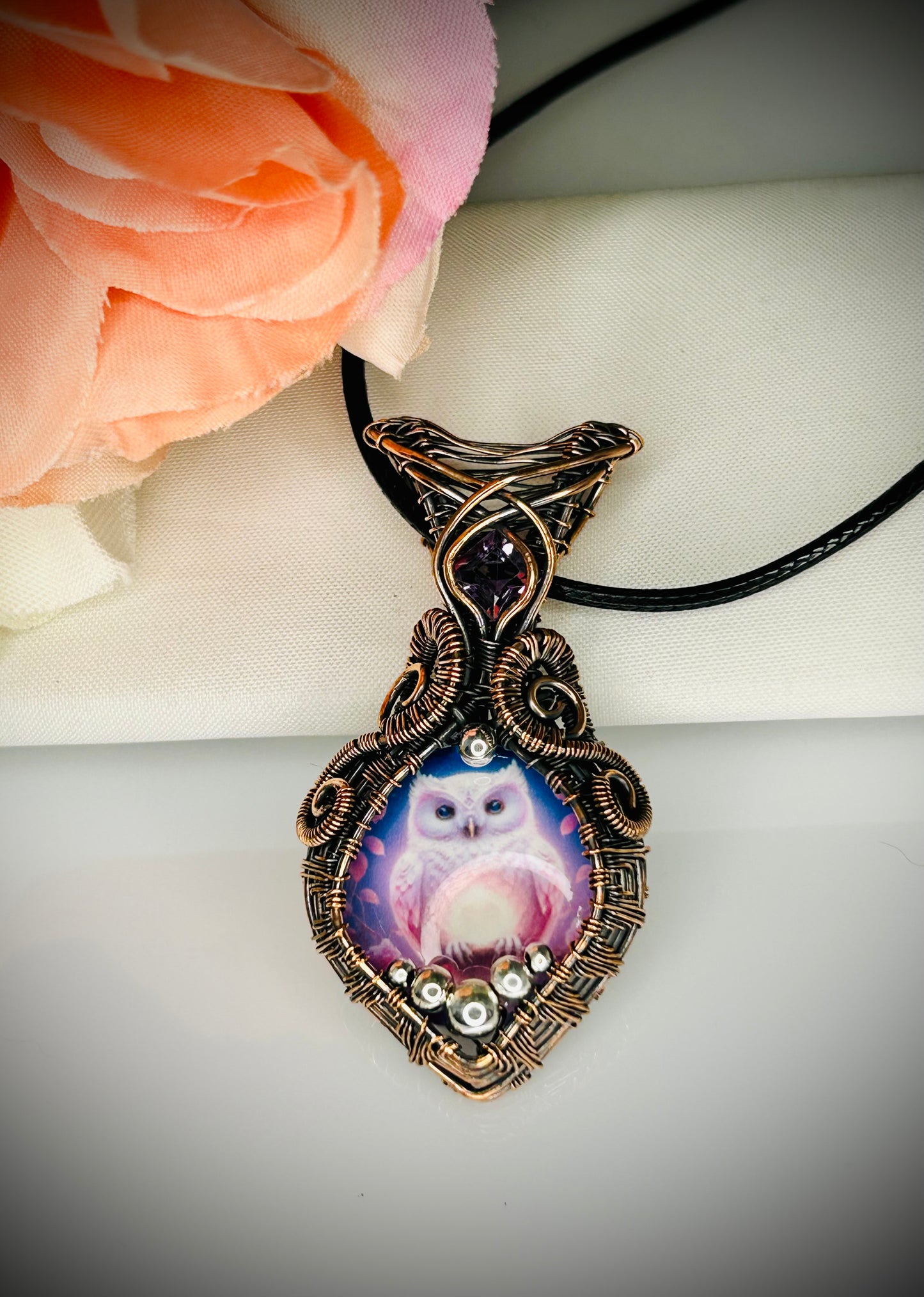 Copper Pink Owl Pendant