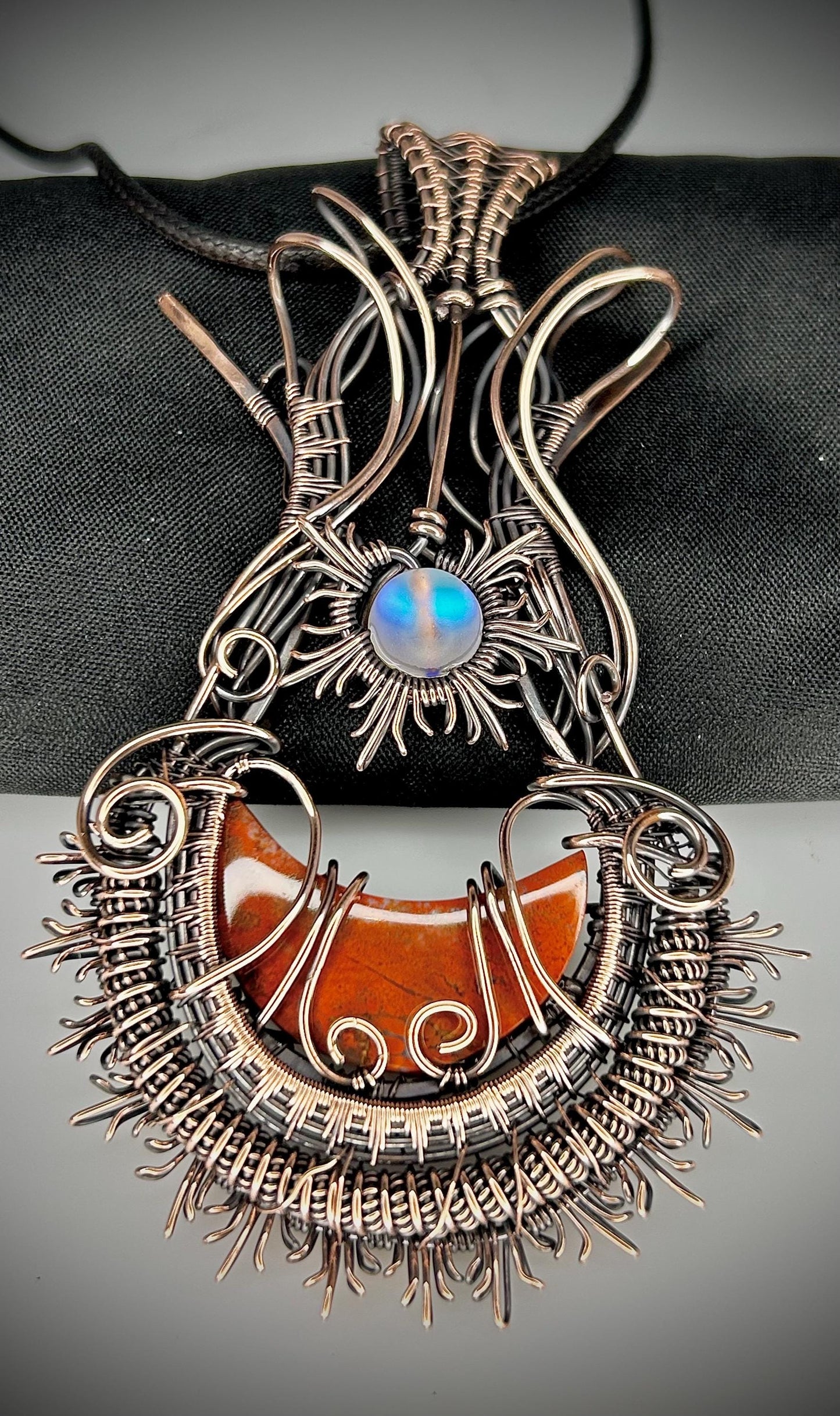 Copper Petrified Wood Moon and Sunburst Pendant