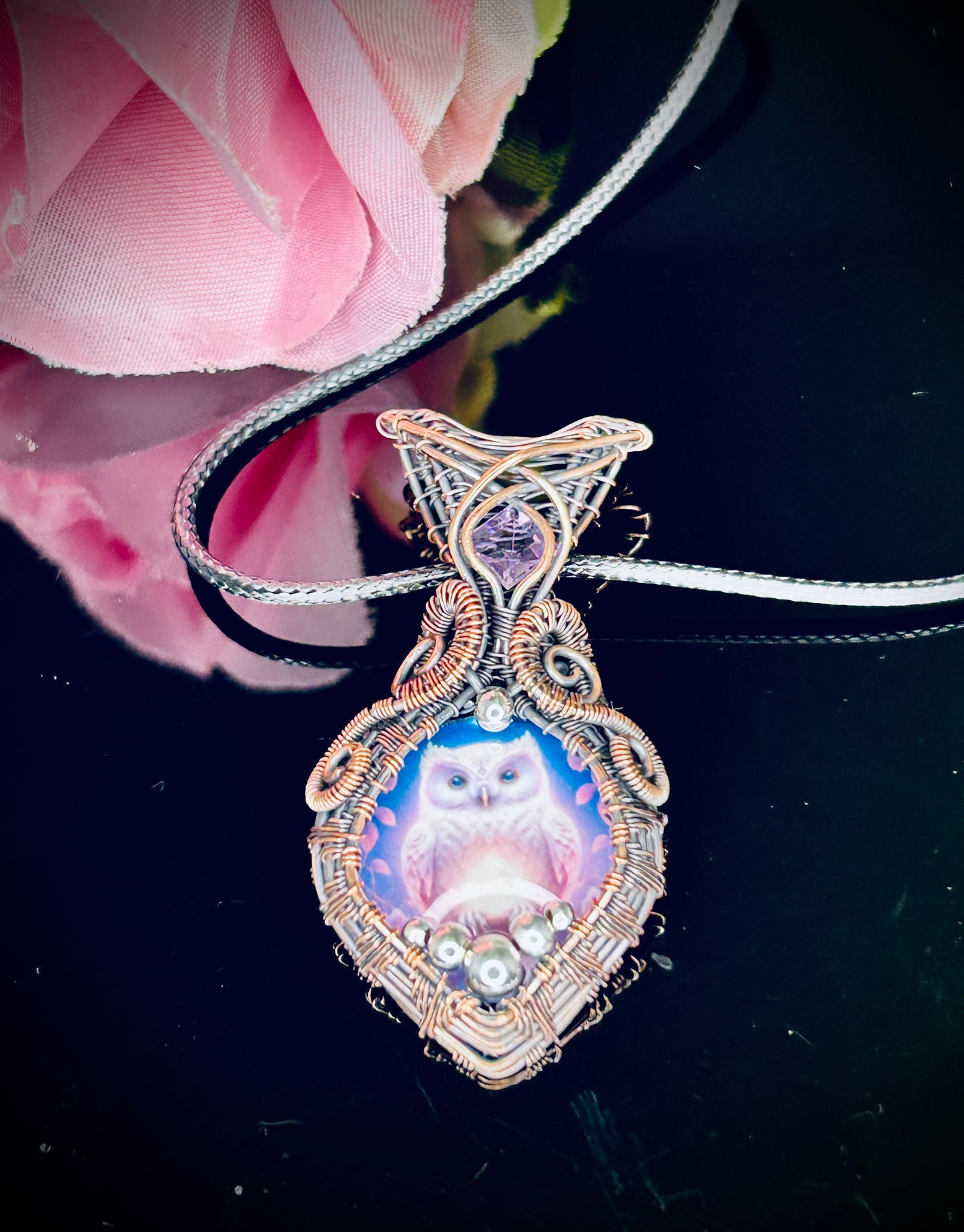 Copper Pink Owl Pendant
