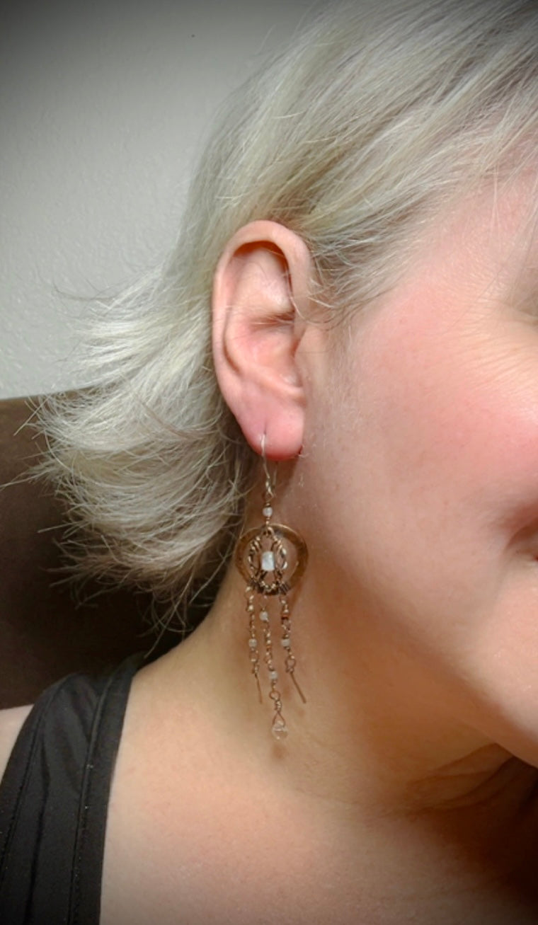 Copper Washer Rainbow Moonstone Earrings