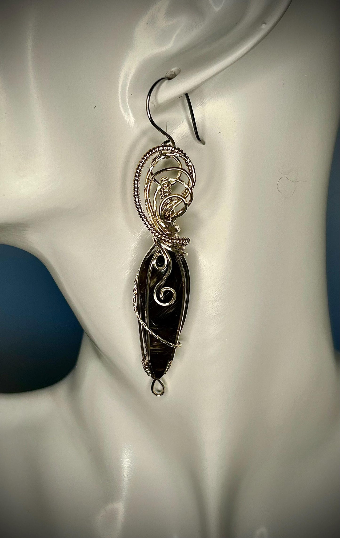 Silver Peacock Feather Agate Earrings