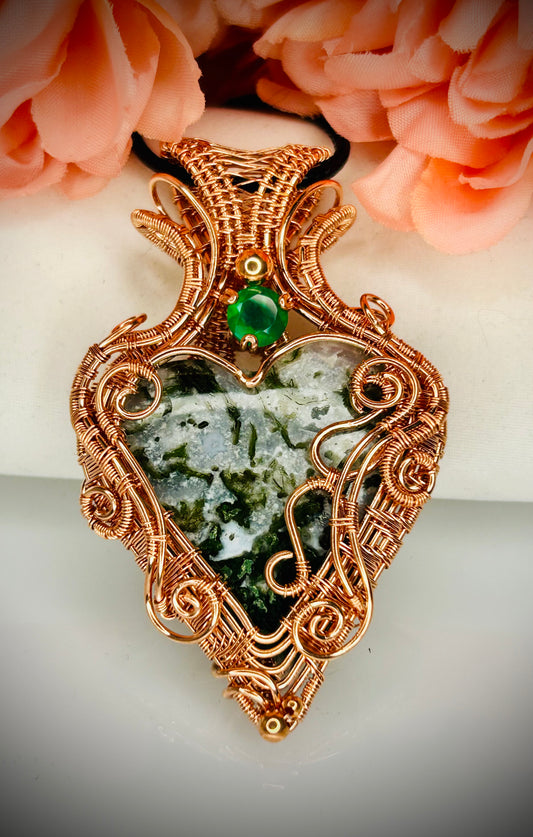 Copper Moss Agate Heart & Green Onyx Pendant