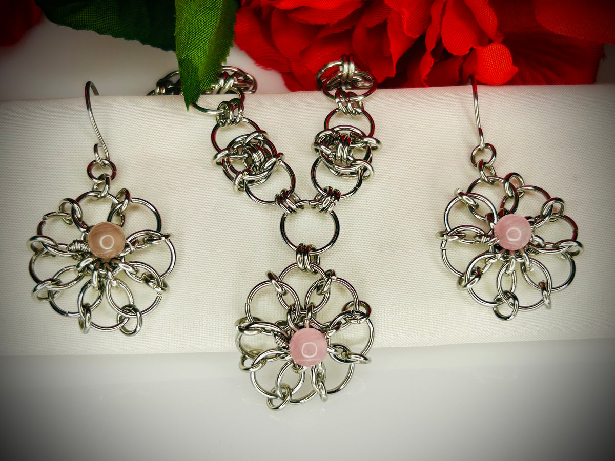 Pink Cat’s Eye Chainmail Pendant and Earring Set