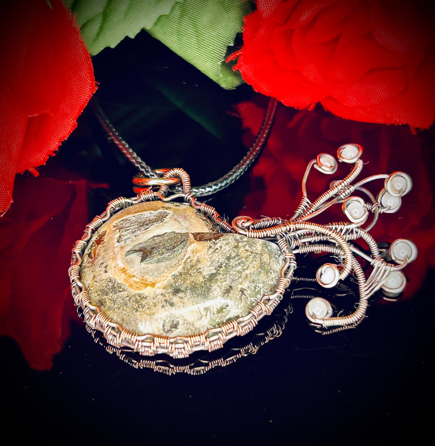 Copper Ammonite & Green Moonstone Nautilus Pendant