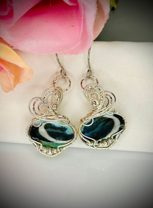 Silver Blue Opalized Wood Earrings