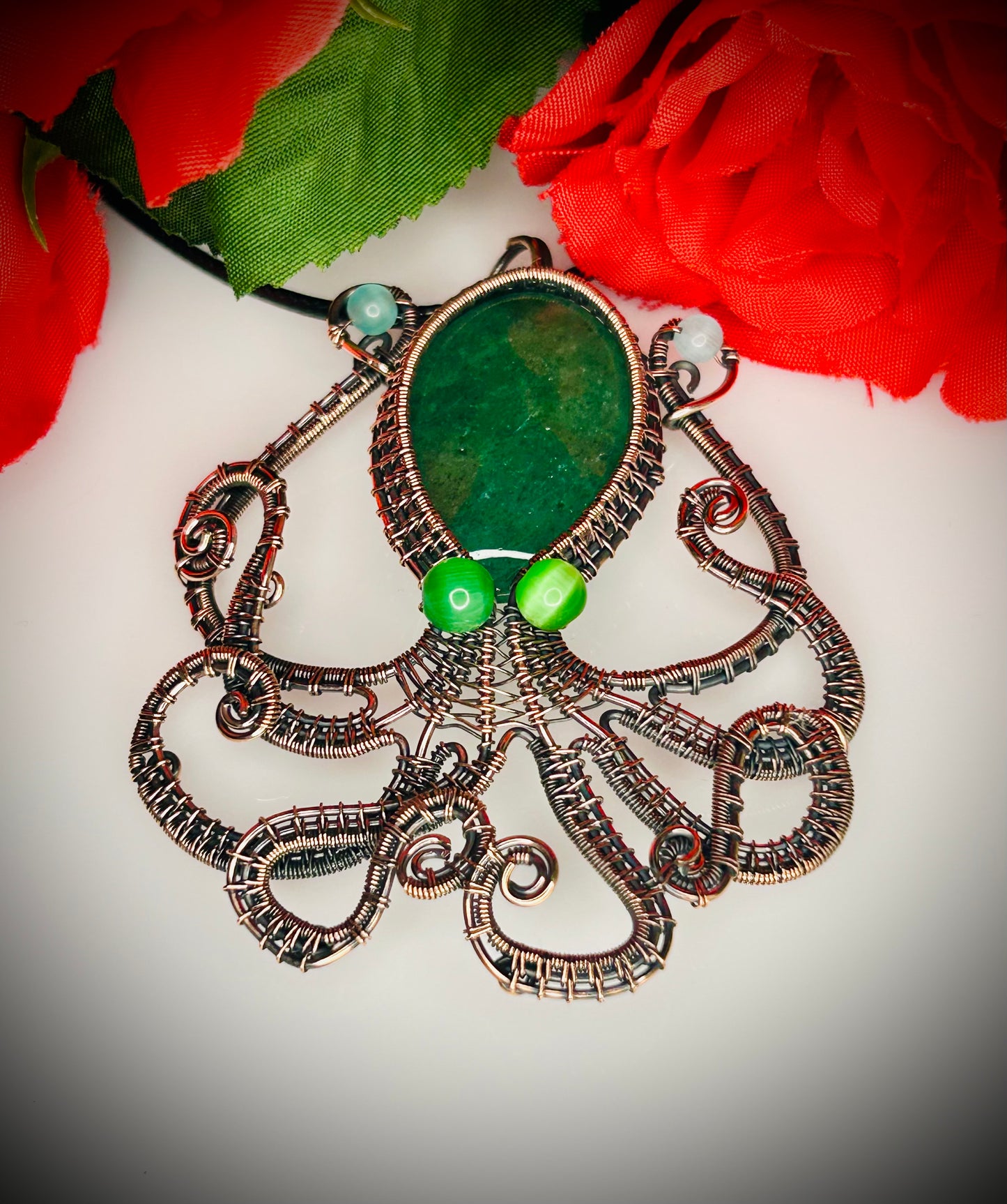 Green Strawberry Quartz & Cat’s Eye Octopus Pendant