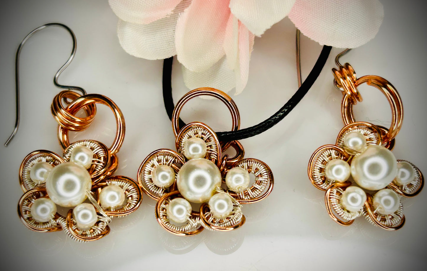 Copper/Silver Pearl Blossom Pendant & Earring Set