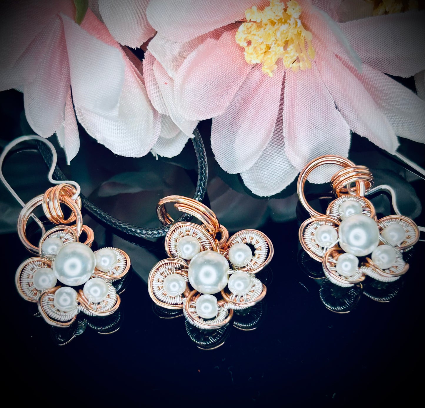 Copper/Silver Pearl Blossom Pendant & Earring Set