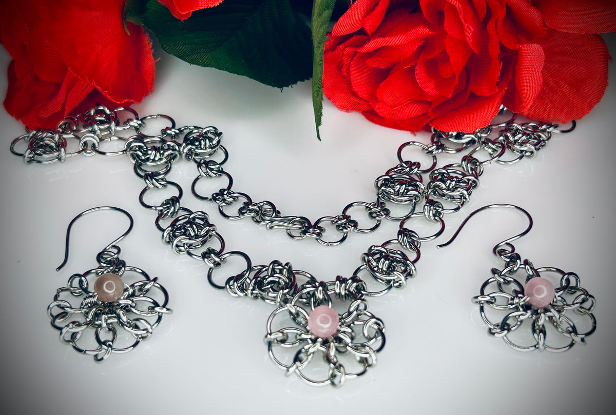Pink Cat’s Eye Chainmail Pendant and Earring Set