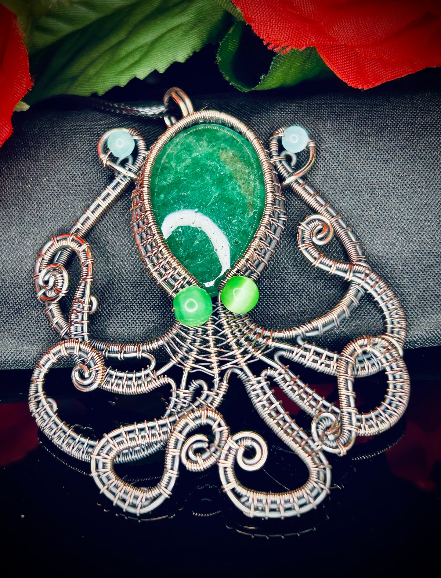 Green Strawberry Quartz & Cat’s Eye Octopus Pendant