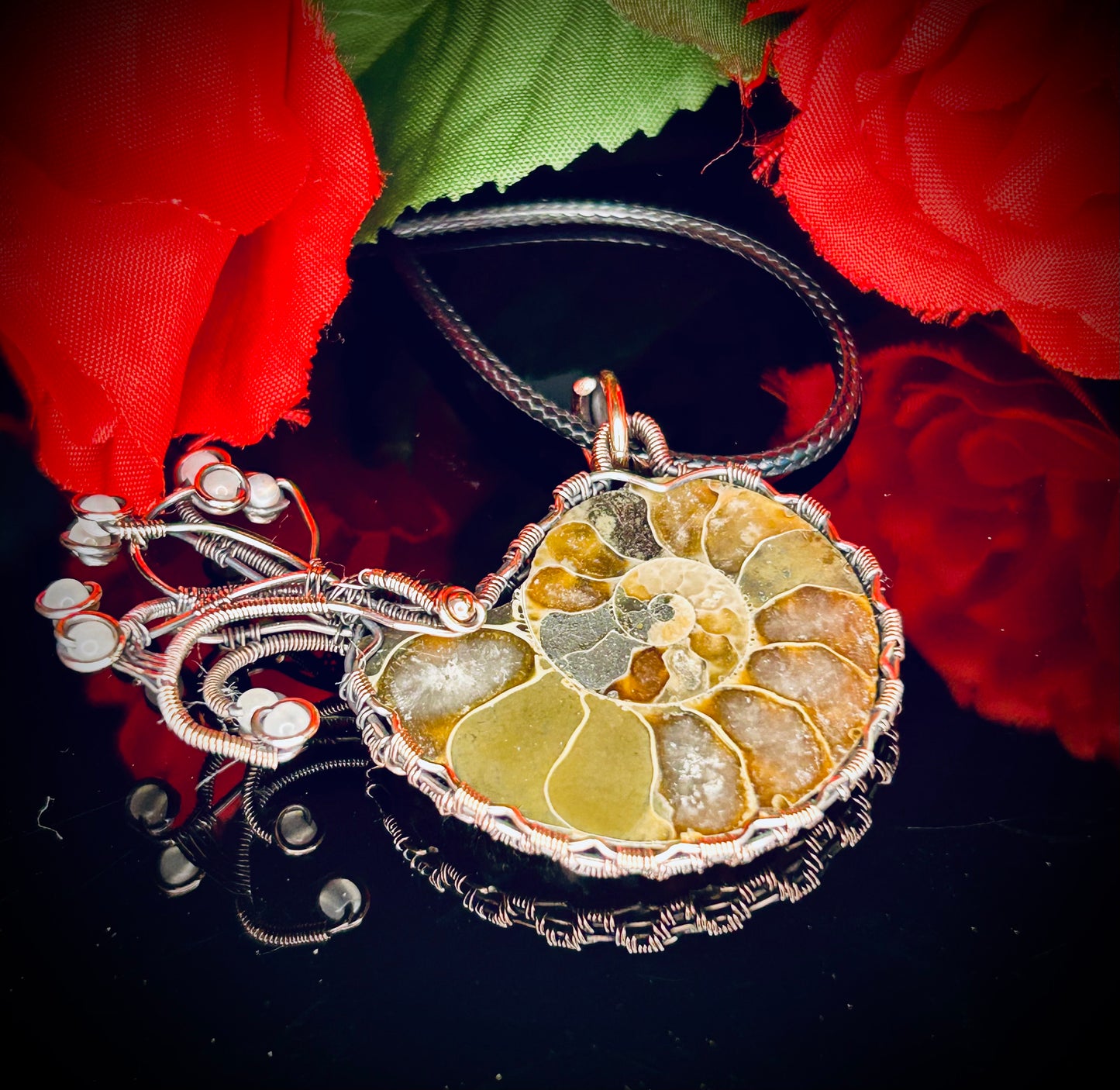 Copper Ammonite & Green Moonstone Nautilus Pendant