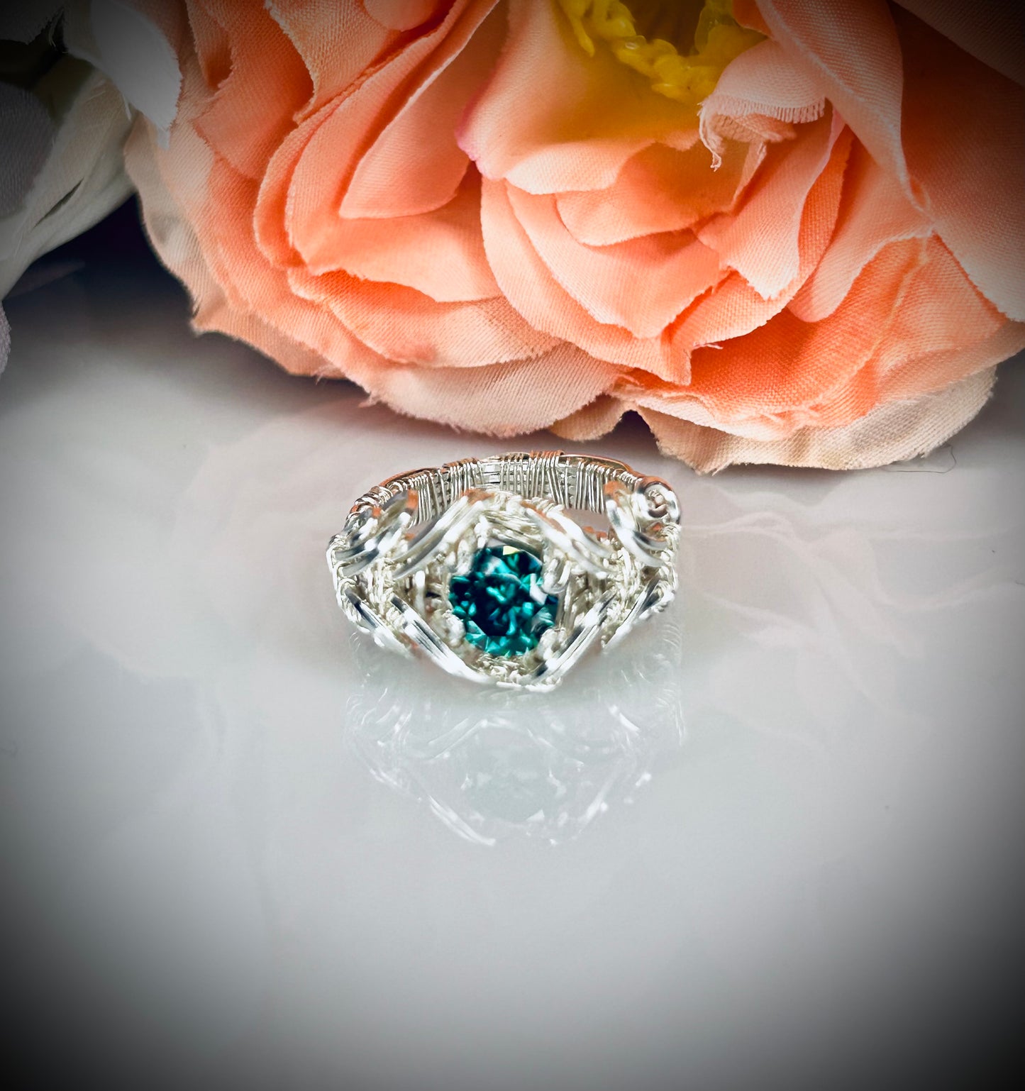 Silver Green Moissanite Ring