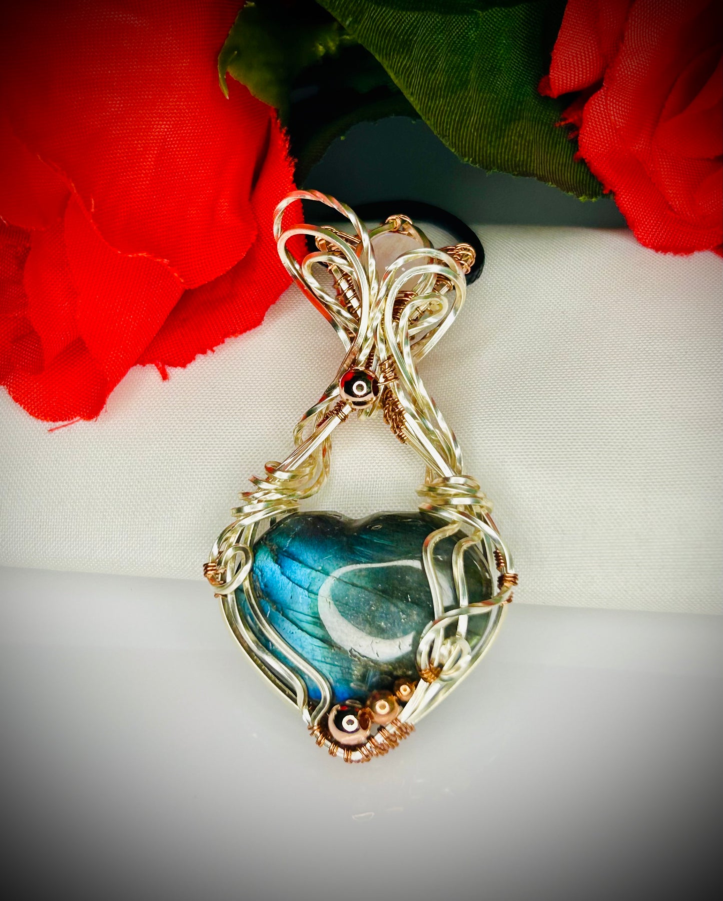 Tinned Copper Labradorite Heart & Moonstone Pendant