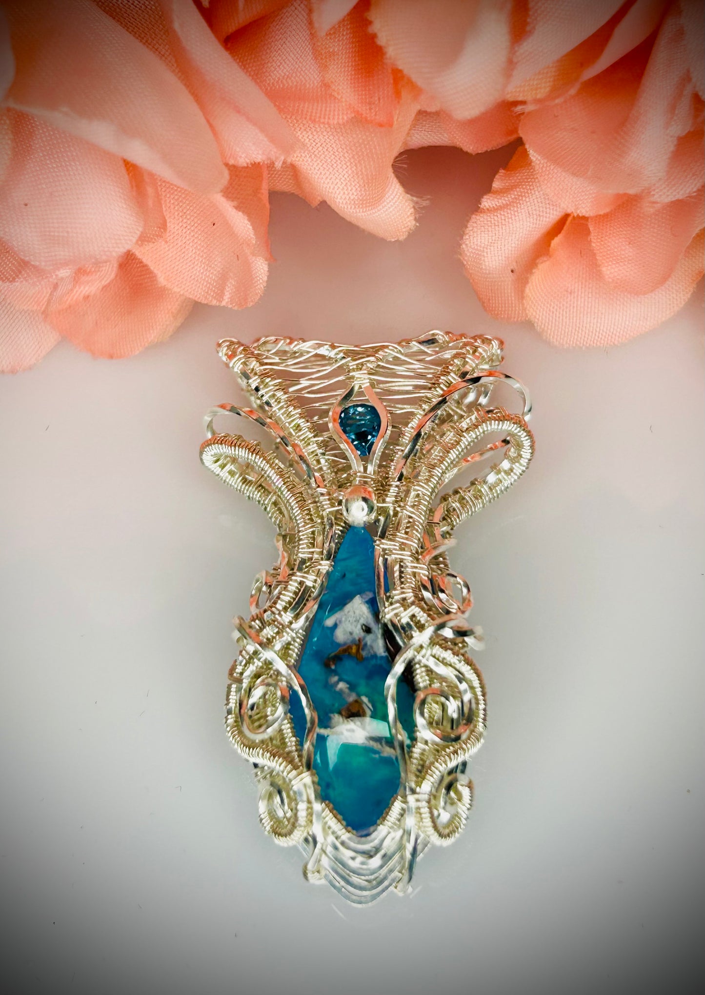 Silver Chrysocolla Copper Dolomite Aurora Opal Doublet & Blue Topaz Pendant