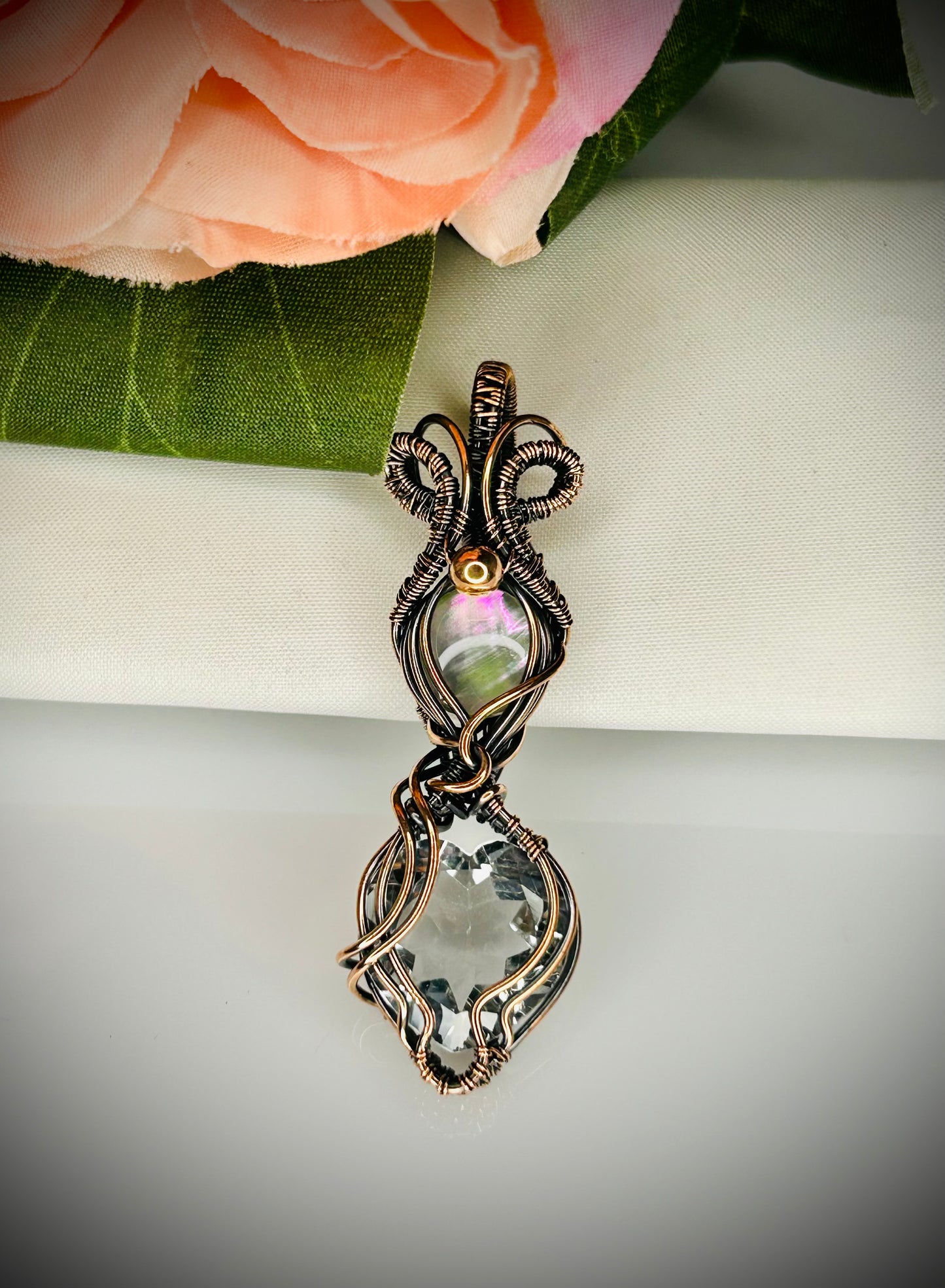 Clear Quartz Crystal Heart & Abalone Shell