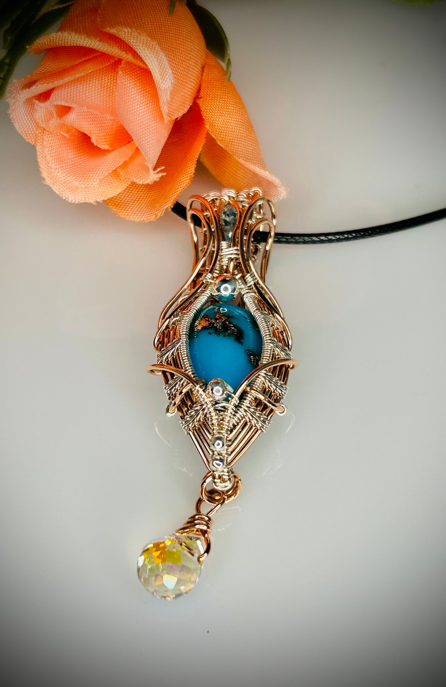 Copper/Silver Persian Turquoise & Blue Topaz Pendant