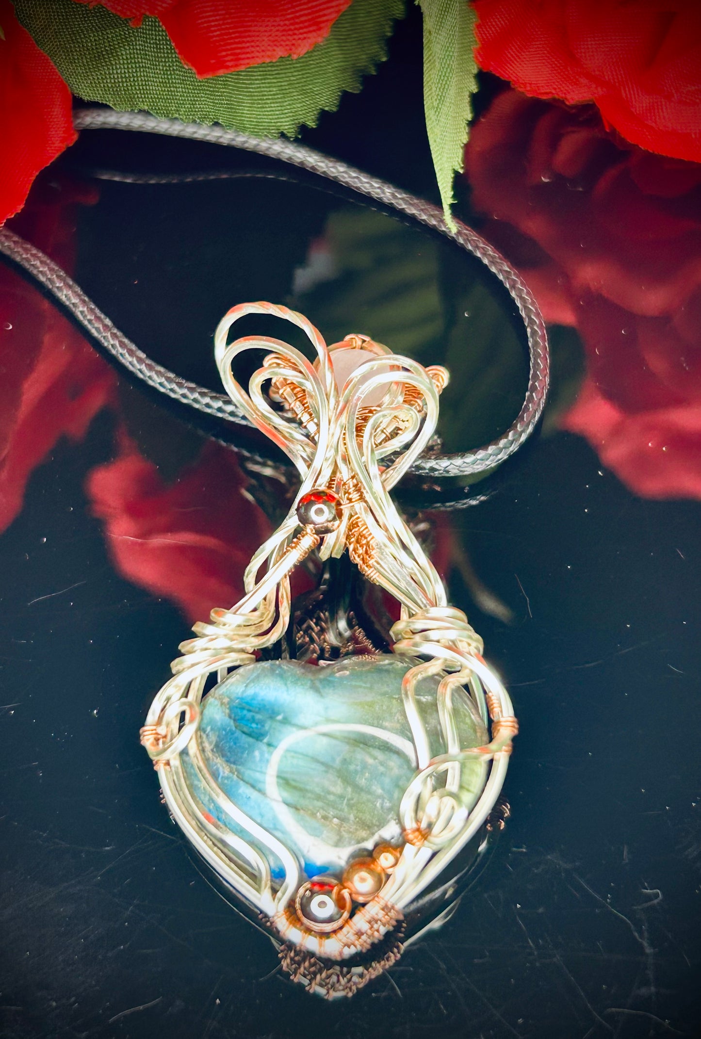 Tinned Copper Labradorite Heart & Moonstone Pendant