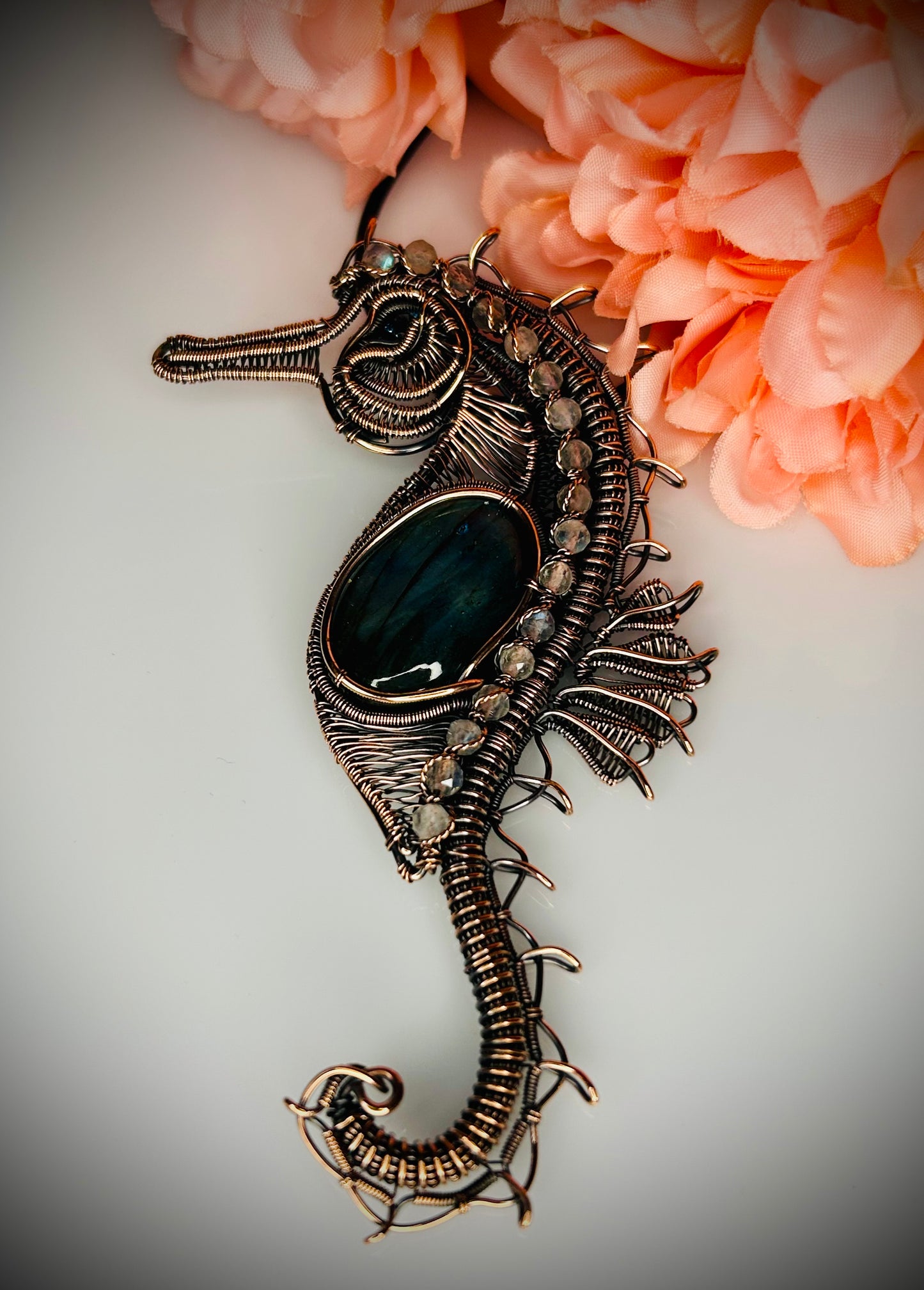 Copper Labradorite & Blue Zircon Seahorse Pendant