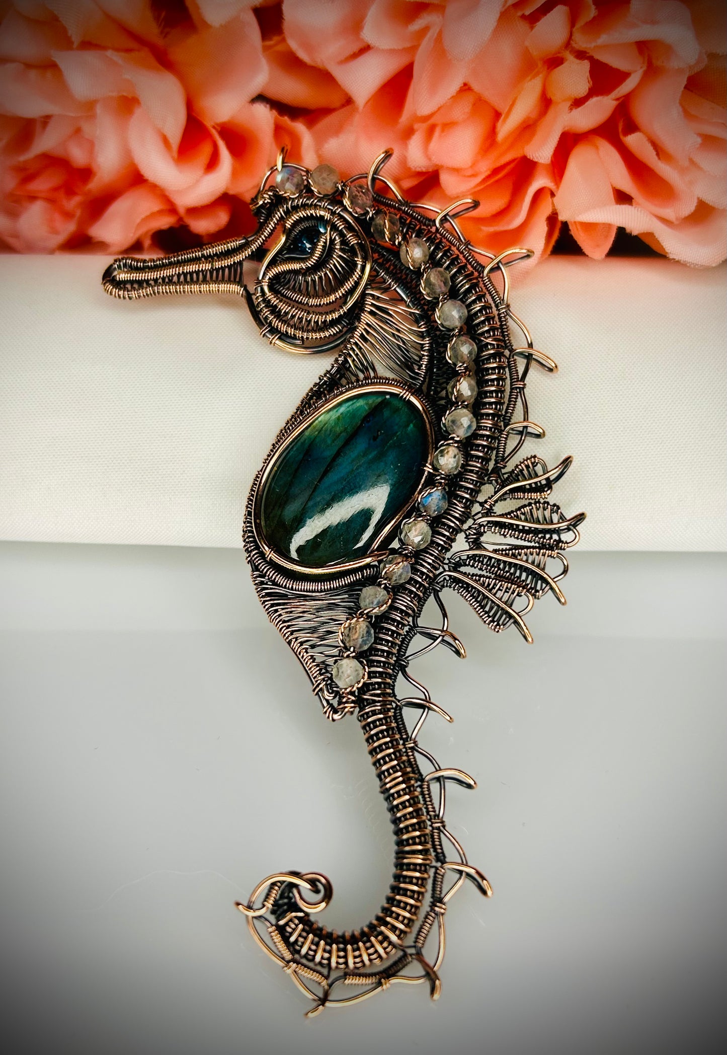 Copper Labradorite & Blue Zircon Seahorse Pendant