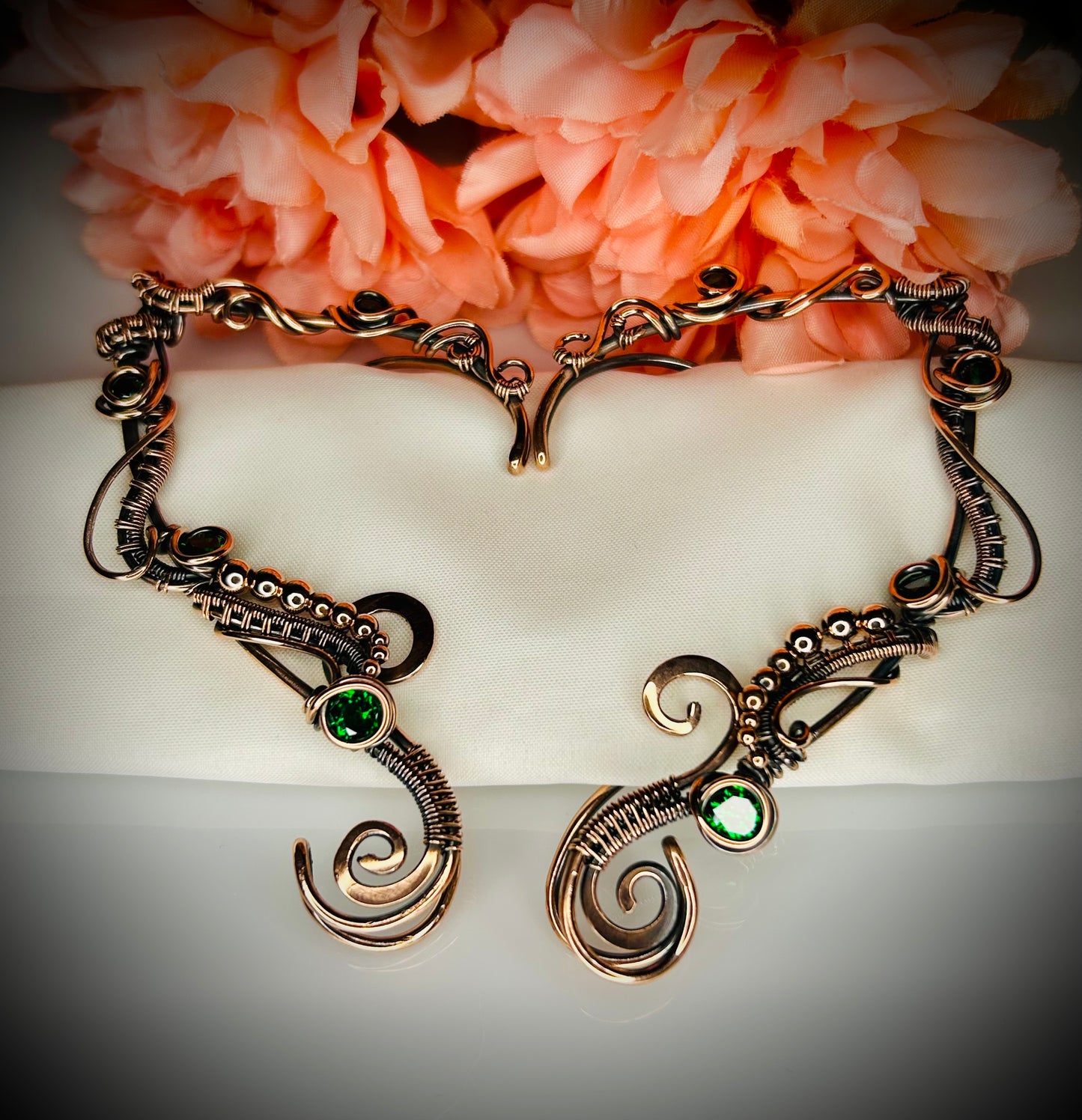 Copper Emerald Elven Ear Cuffs