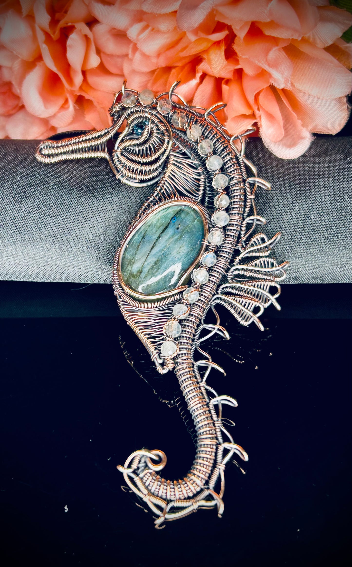 Copper Labradorite & Blue Zircon Seahorse Pendant