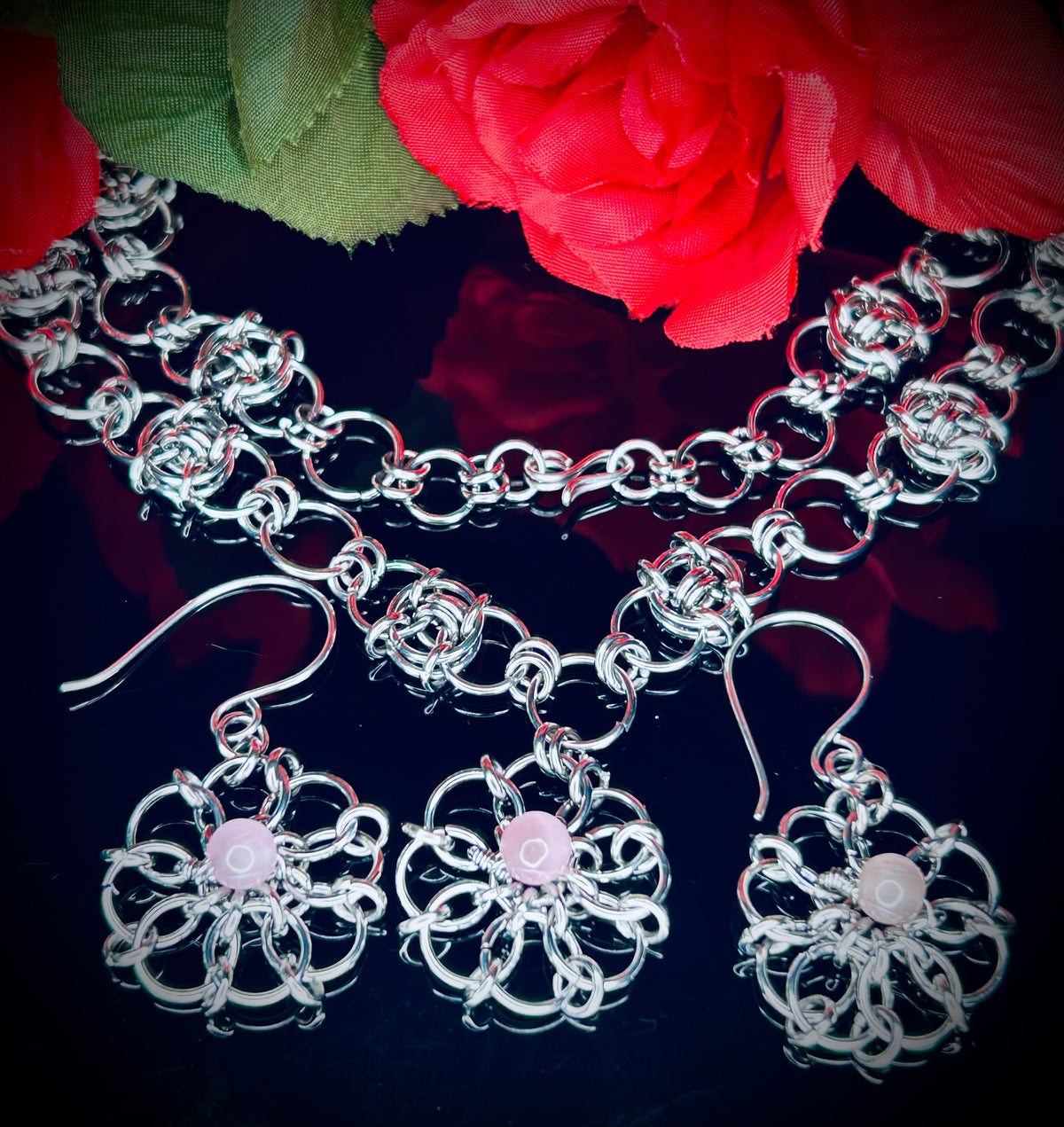 Pink Cat’s Eye Chainmail Pendant and Earring Set