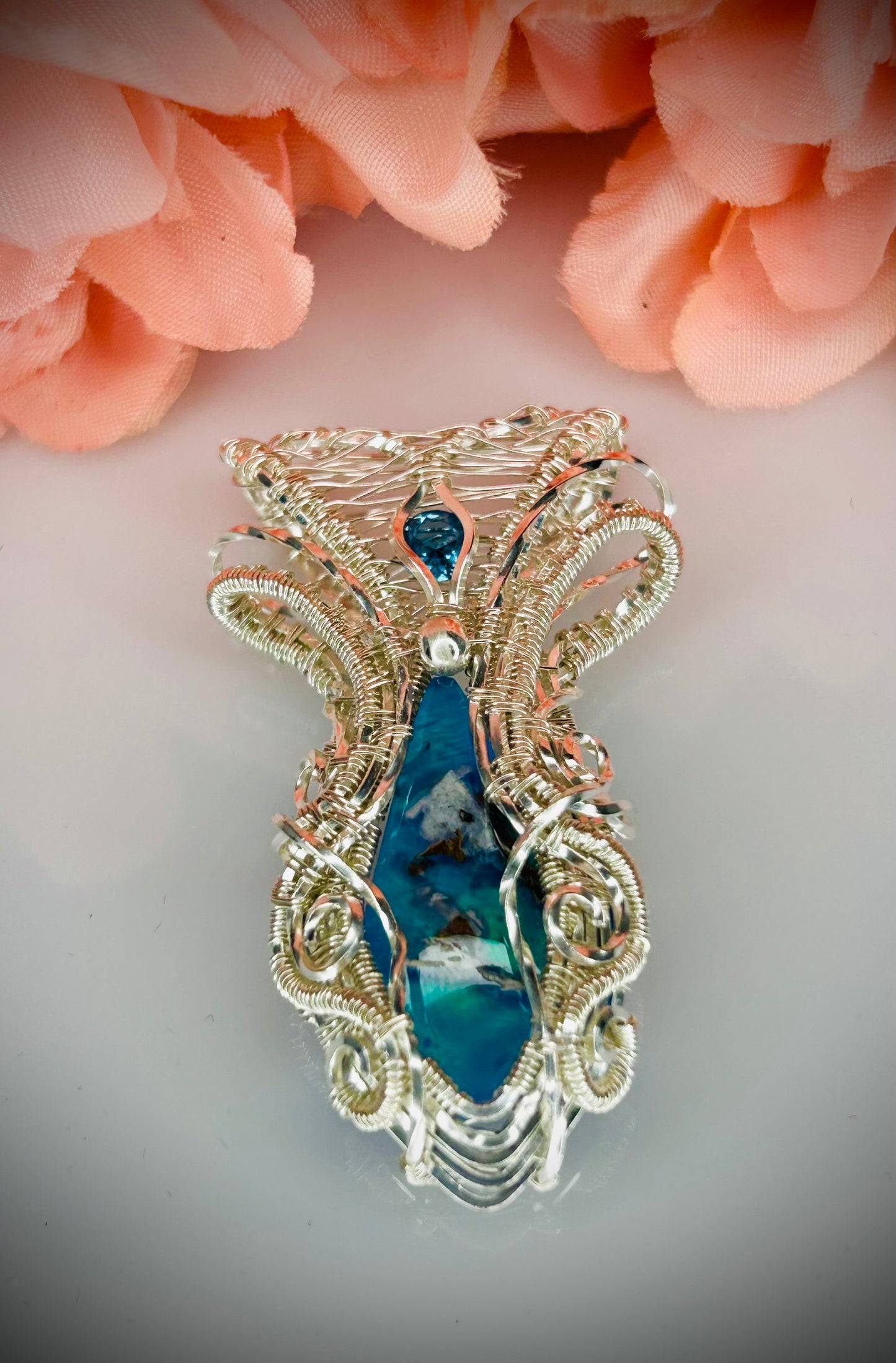 Silver Chrysocolla Copper Dolomite Aurora Opal Doublet & Blue Topaz Pendant