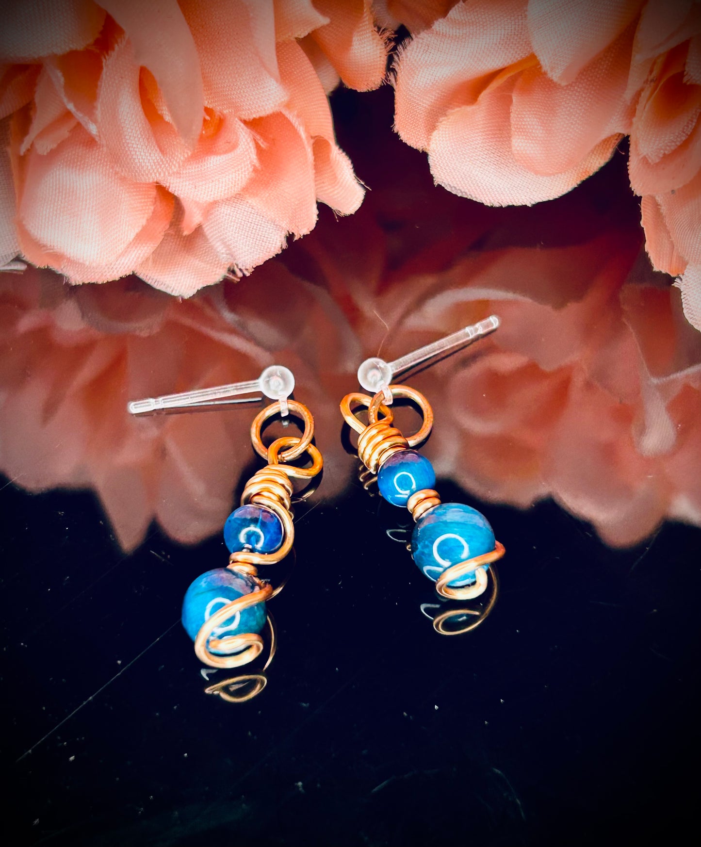 Copper Aquamarine Tiger’s Eye Post Earrings