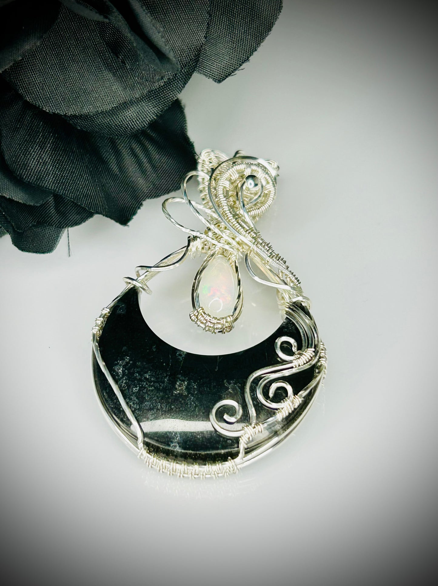 Silver Peacock Feather Agate and Opal Pendant