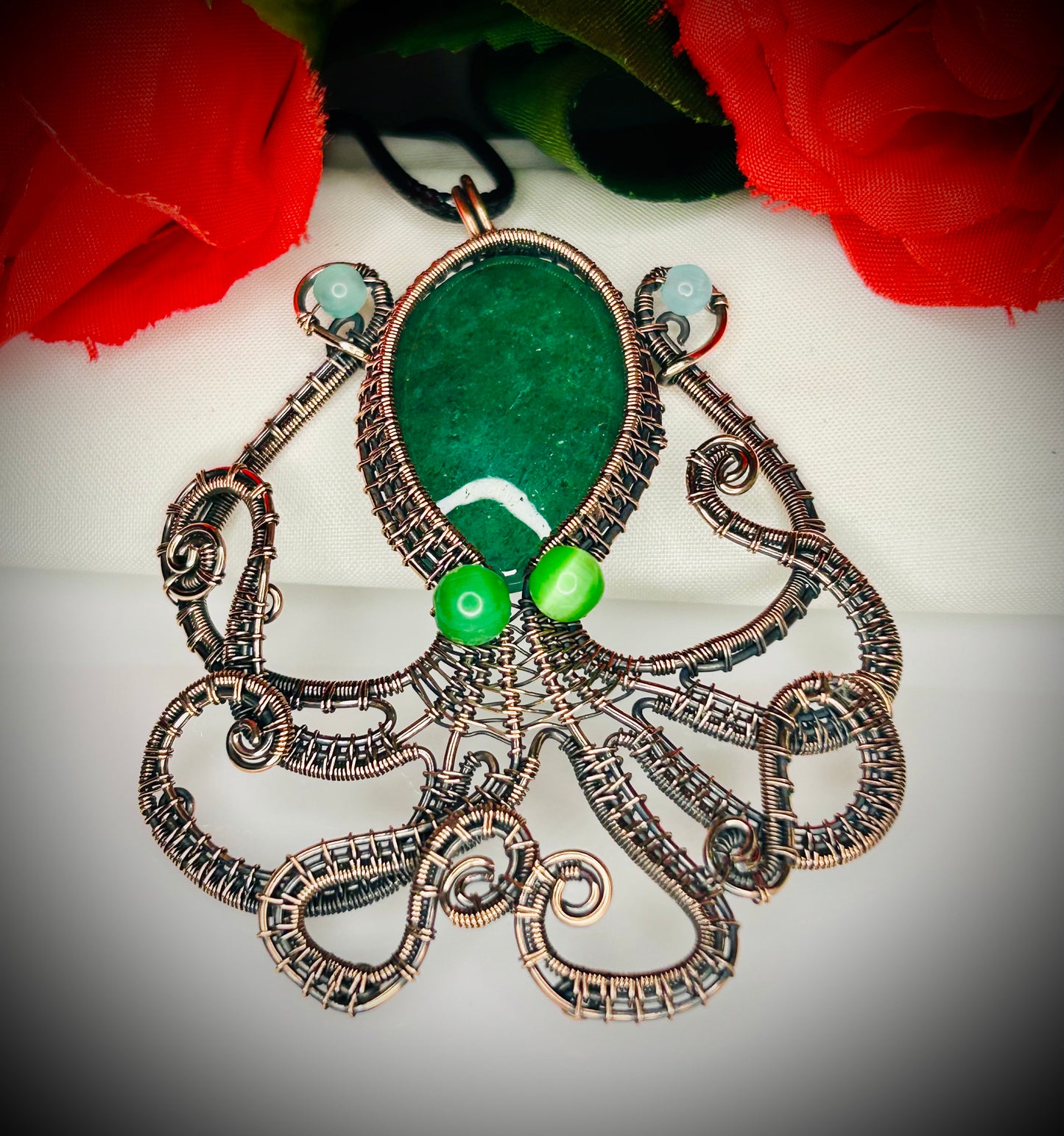 Green Strawberry Quartz & Cat’s Eye Octopus Pendant