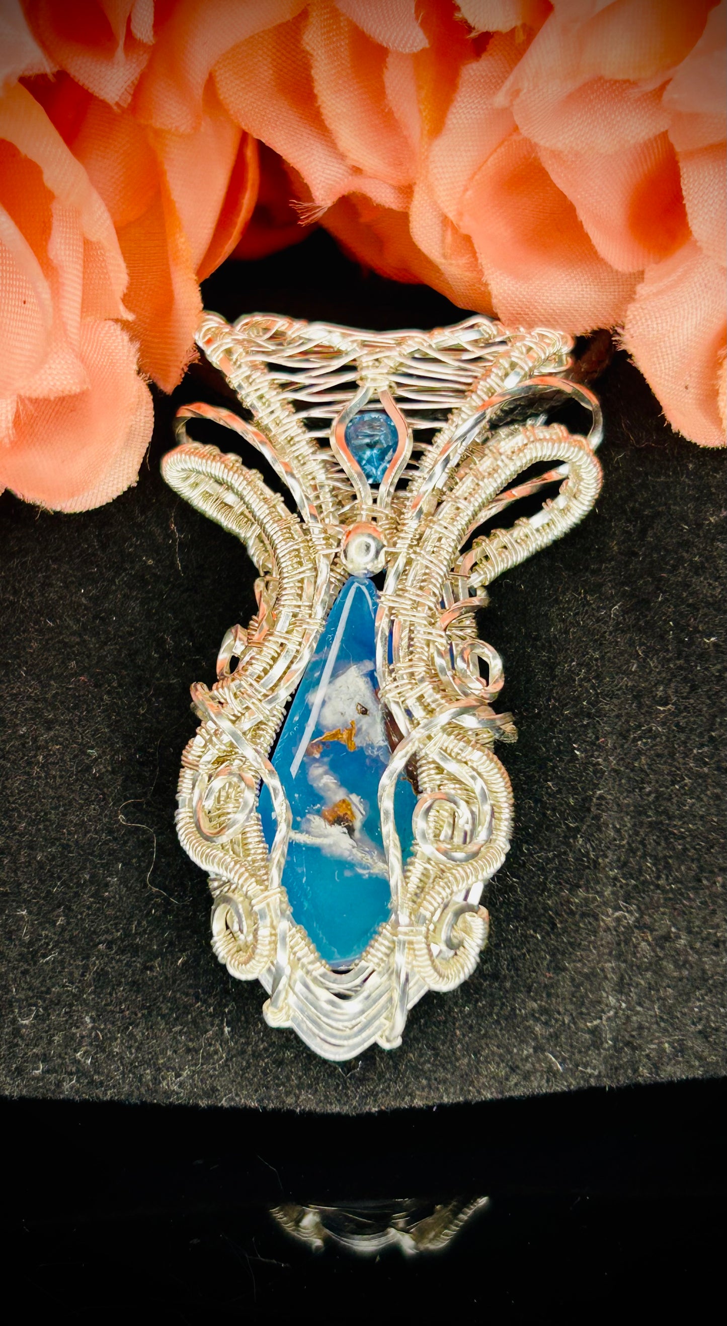 Silver Chrysocolla Copper Dolomite Aurora Opal Doublet & Blue Topaz Pendant