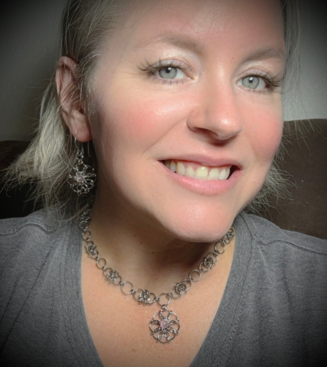 Pink Cat’s Eye Chainmail Pendant and Earring Set