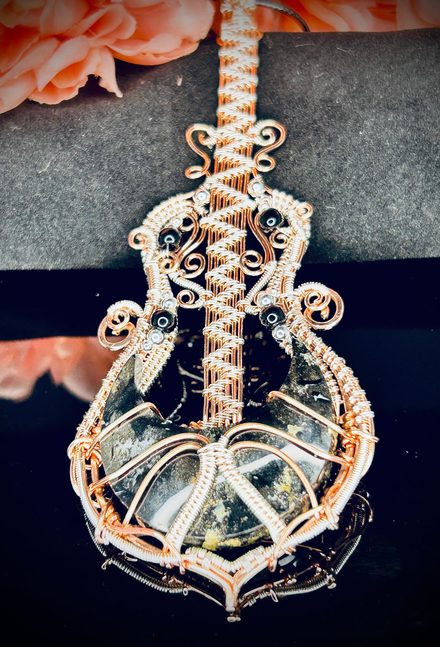 Copper/Silver Peacock Feather Agate Guitar Pendant