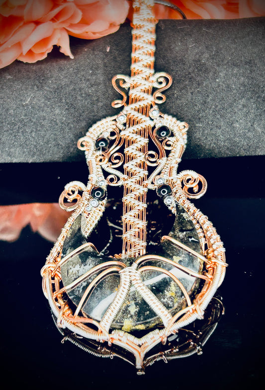 Copper/Silver Peacock Feather Agate Guitar Pendant