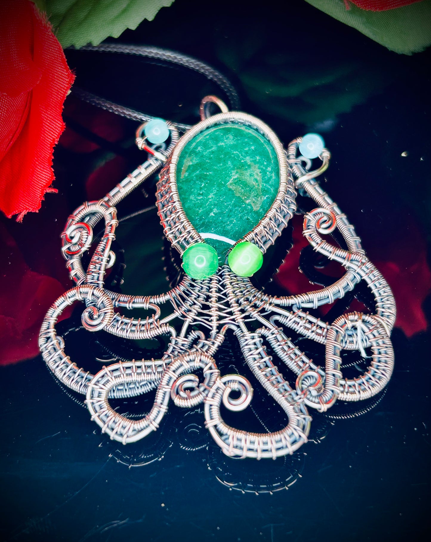 Green Strawberry Quartz & Cat’s Eye Octopus Pendant