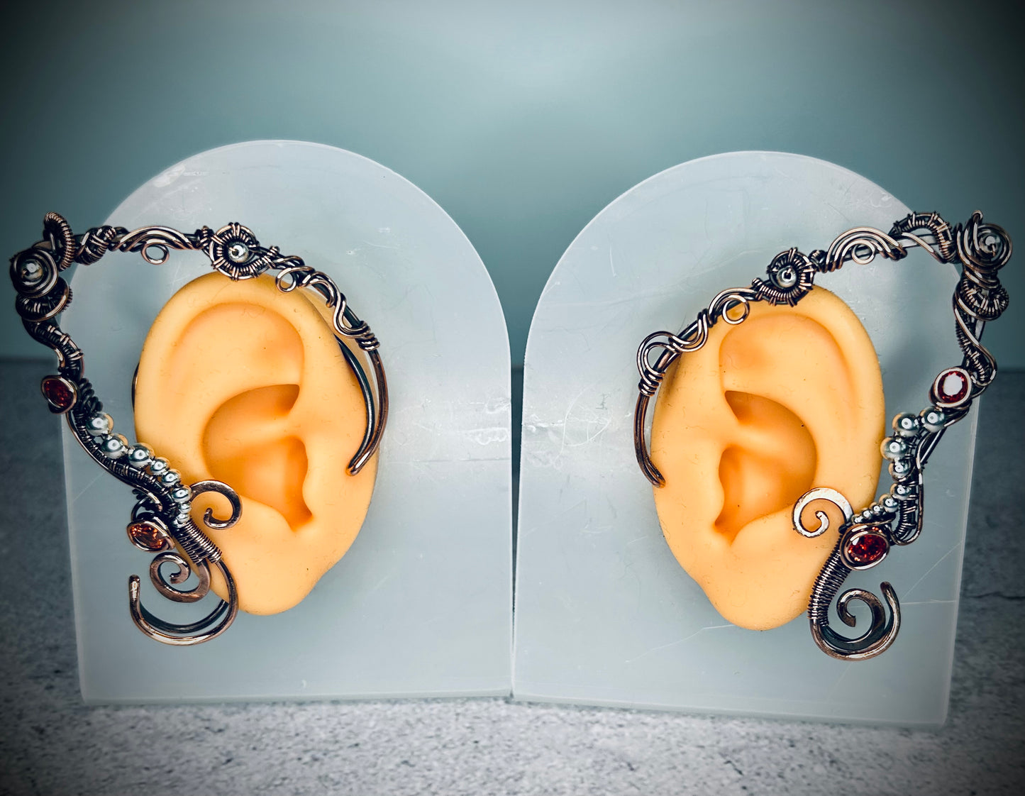 Copper Emerald Elven Ear Cuffs