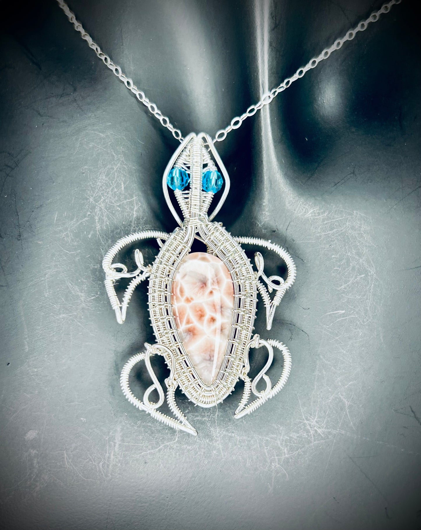 Silver Pink Natrolite Turtle Pendant