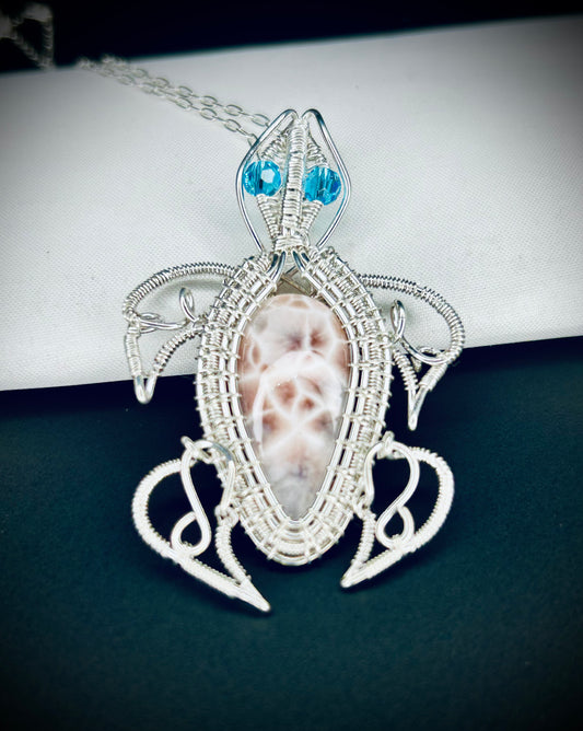 Silver Pink Natrolite Turtle Pendant