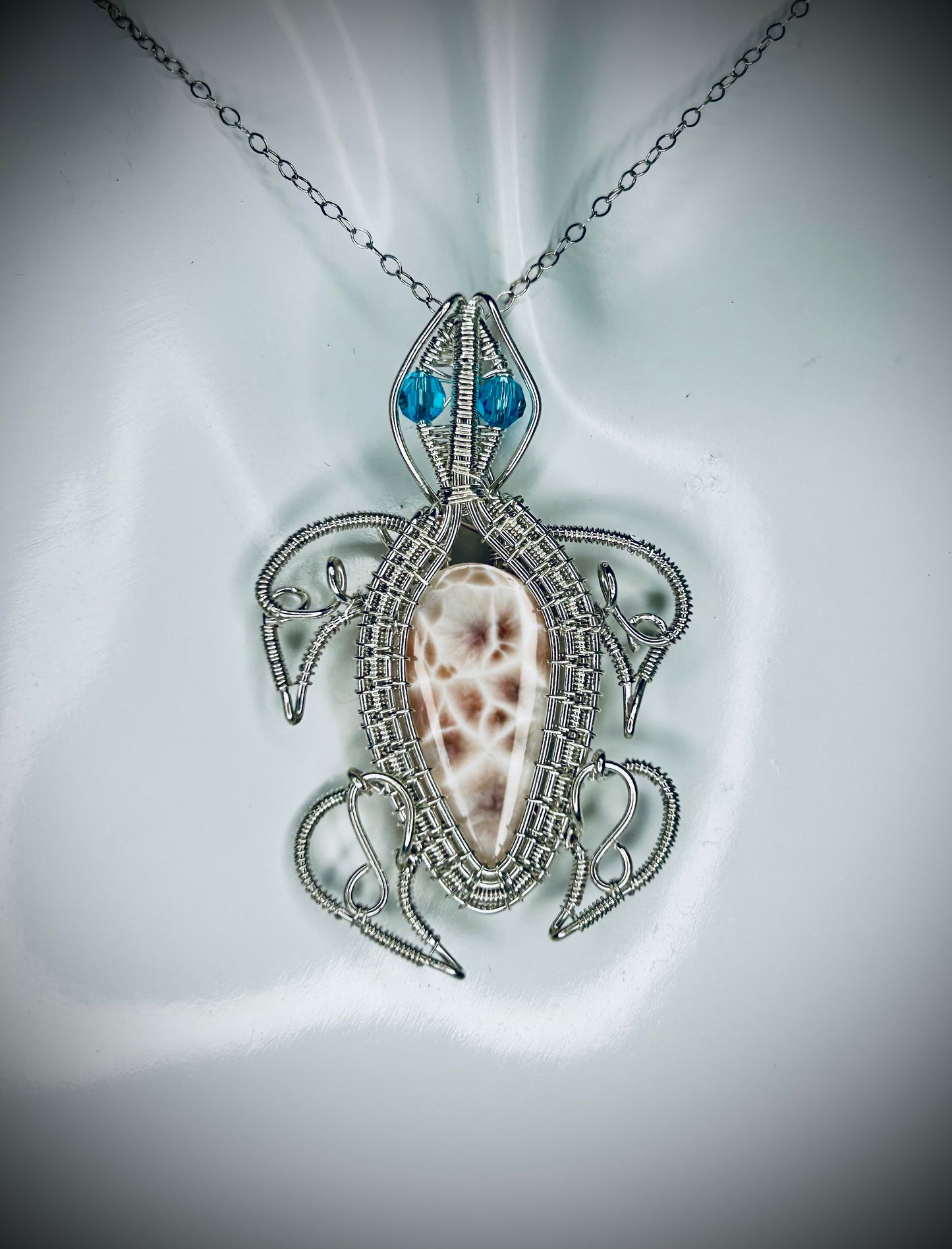Silver Pink Natrolite Turtle Pendant