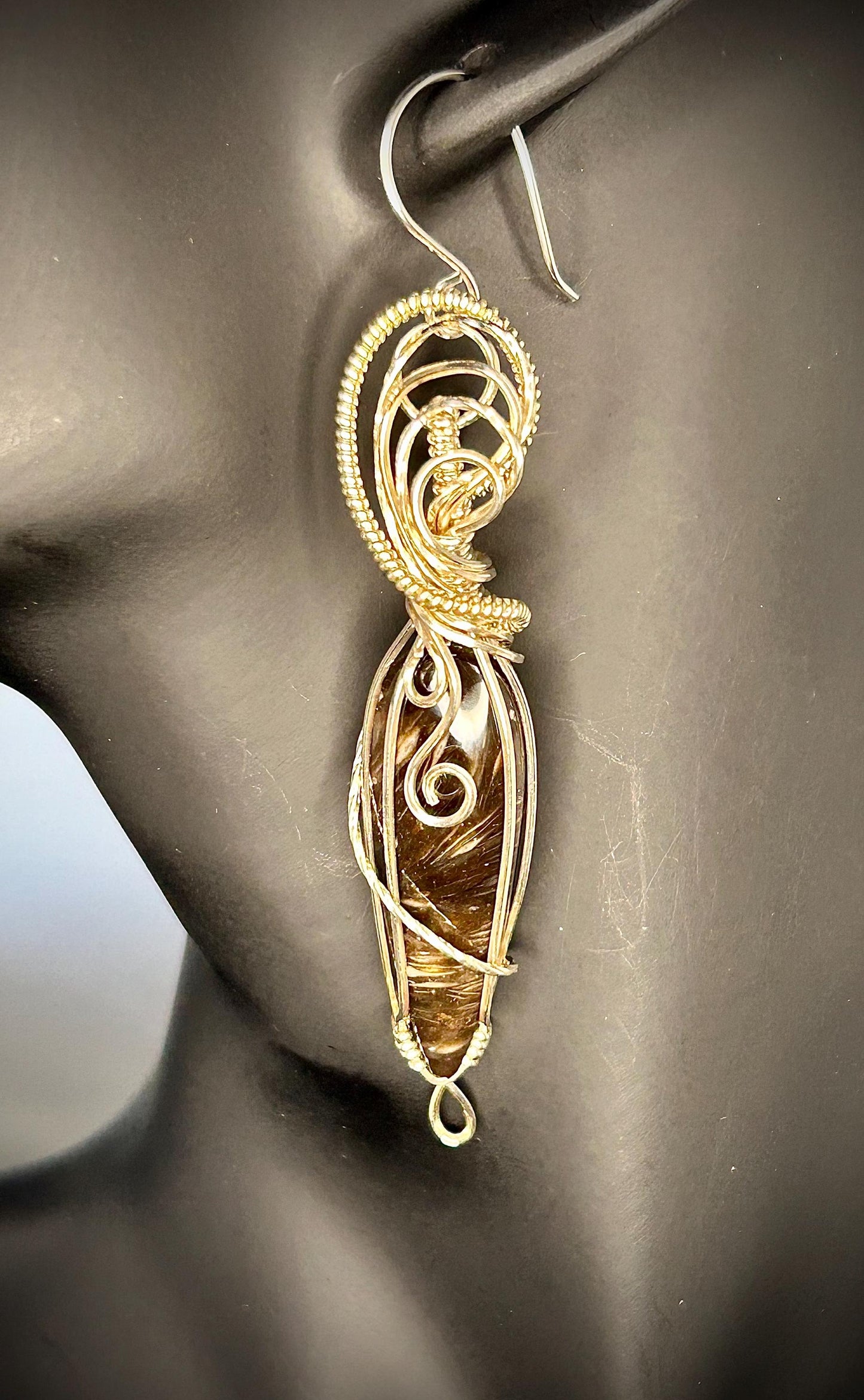 Silver Peacock Feather Agate Earrings
