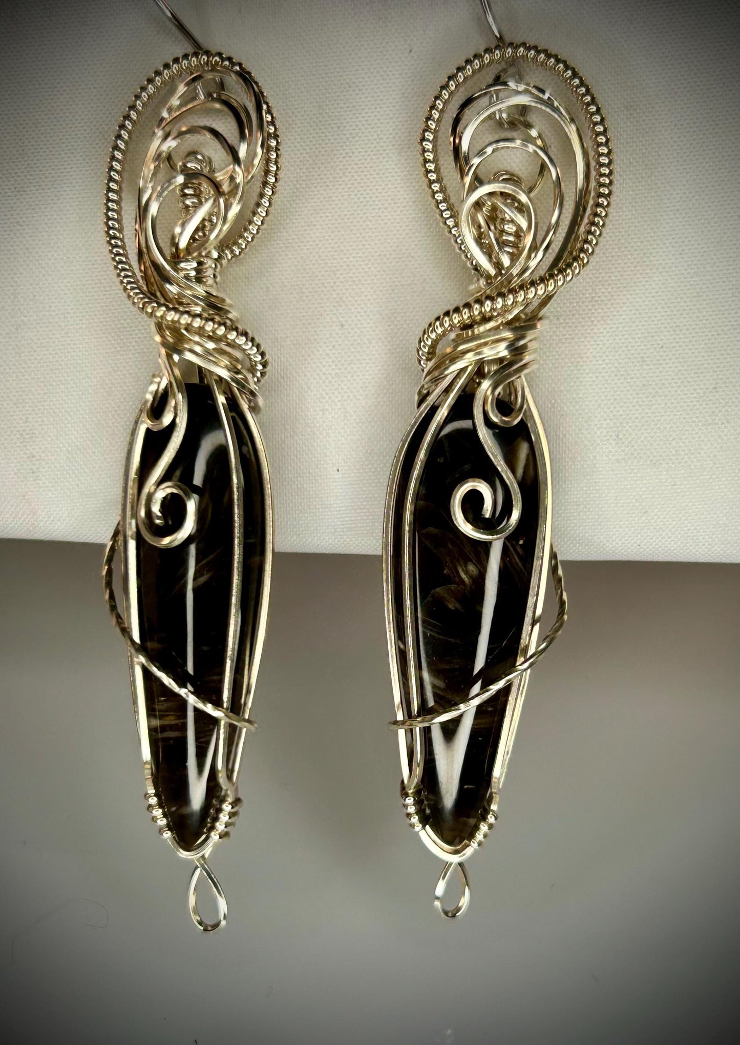Silver Peacock Feather Agate Earrings