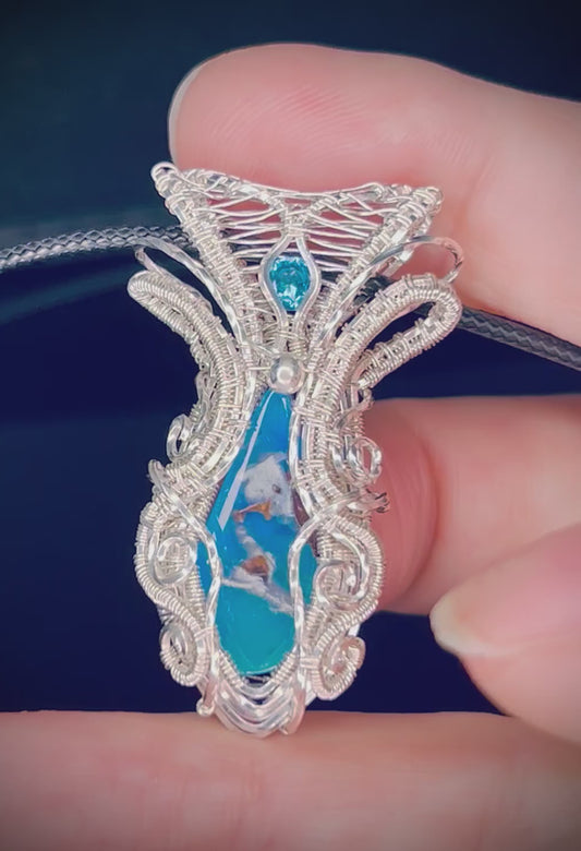 Silver Chrysocolla Copper Dolomite Aurora Opal Doublet & Blue Topaz Pendant