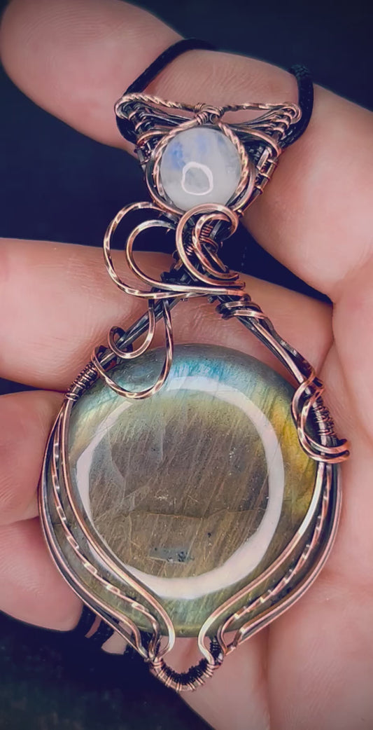 Copper Round Labradorite & Rainbow Moonstone Pendant